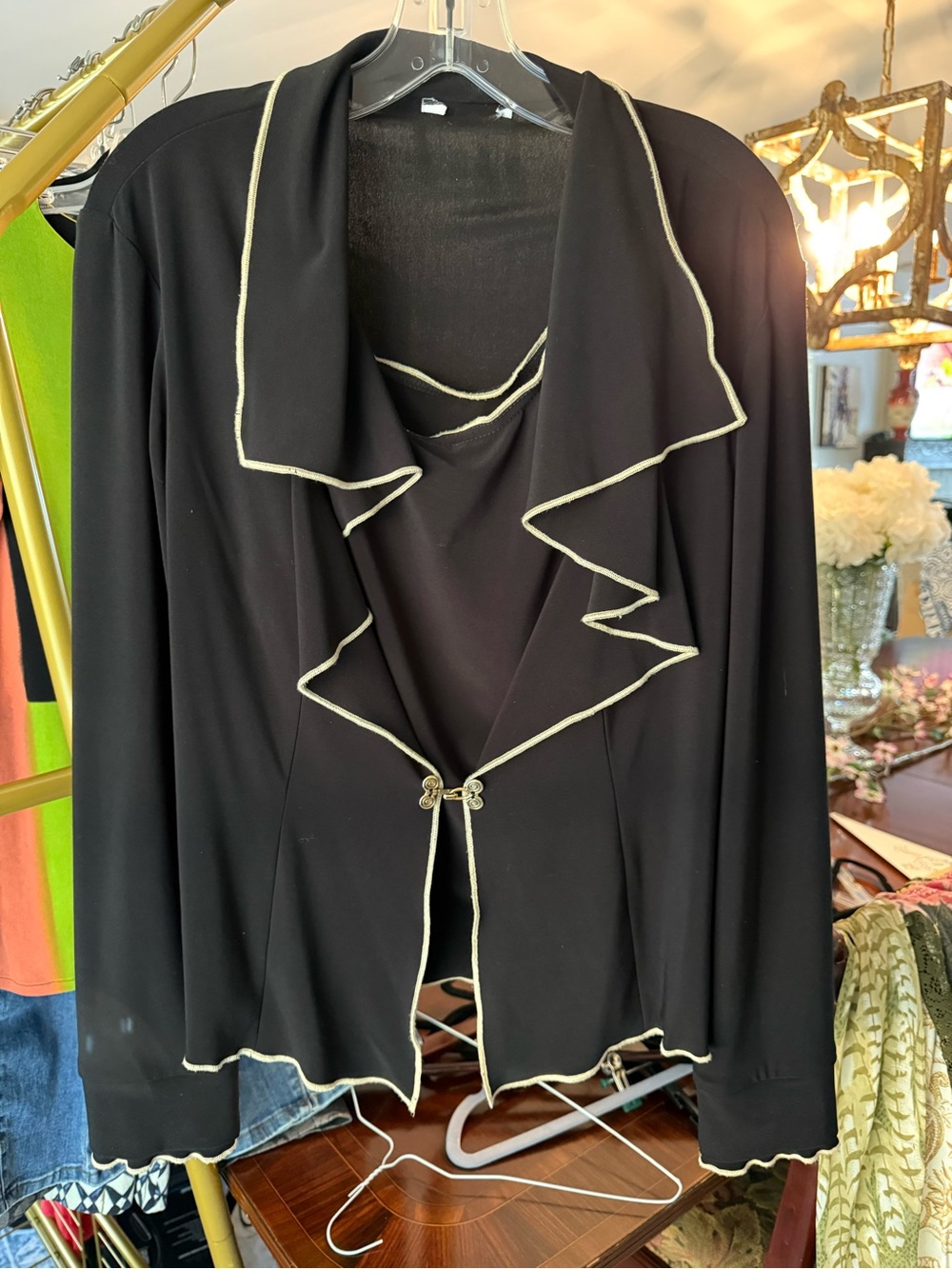 Black Ruffle-Trim Open Front Blouse with Contrast Piping